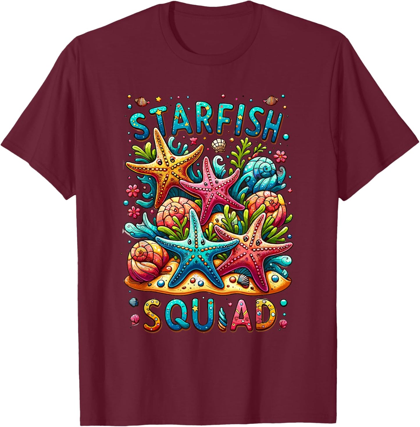 Cute Starfish Squad Ocean Beach Summer Nautical Women Kids T-Shirt - T-Shirt | Maroon