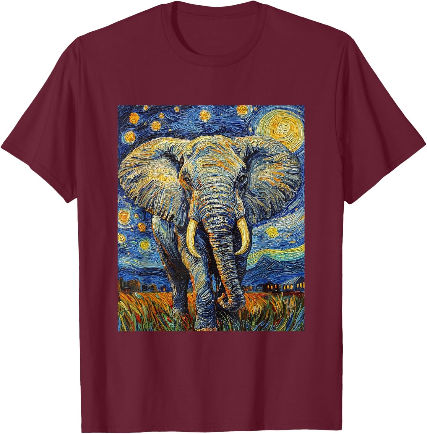 Cute Elephant Africa - Van Gogh Style - Starry Night T-Shirt - T-Shirt | Maroon