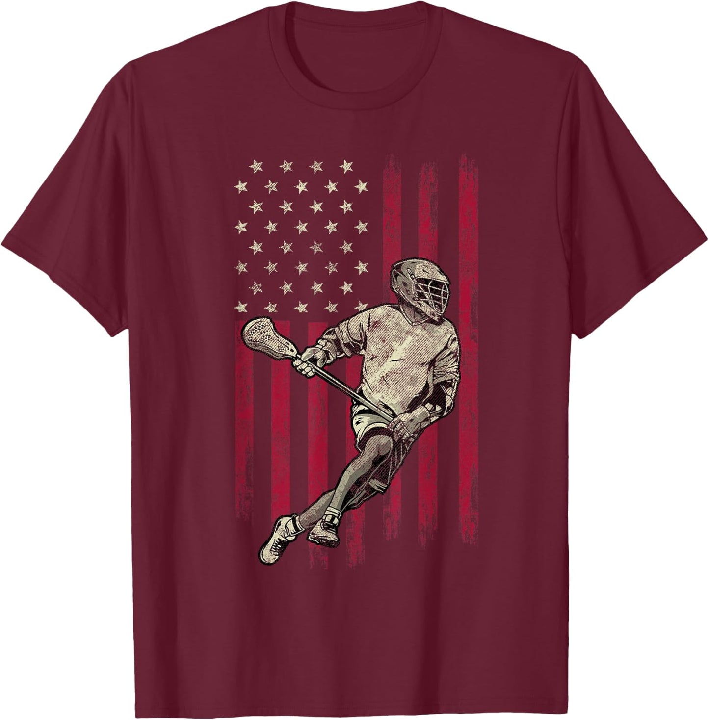 Lacrosse Vintage American Flag 4th Of July Gift T-Shirt - T-Shirt | Maroon