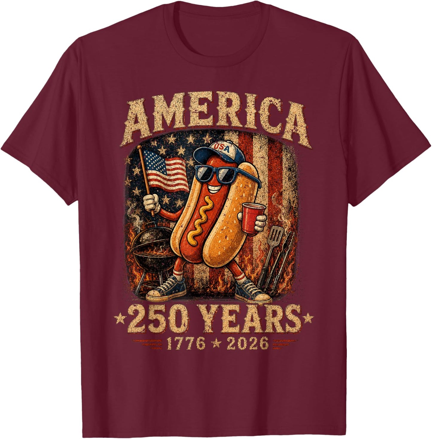 America 250 Years Funny Hotdog BBQ 1776 2026 Patriotic T-Shirt - T-Shirt | Maroon