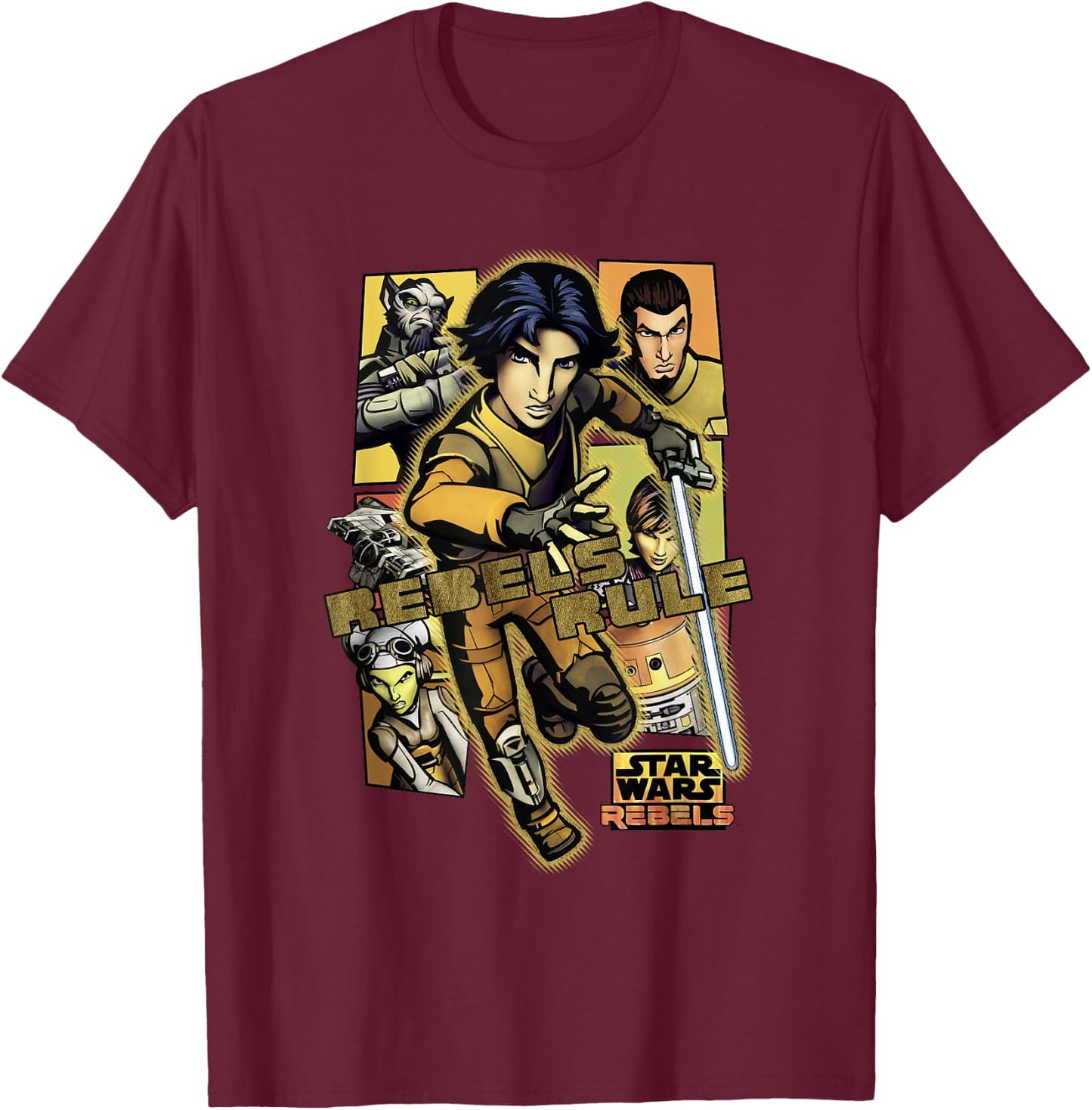 Star Wars Rebels Rule Team Lineup Panels Action Poster T-Shirt - T-Shirt | Maroon