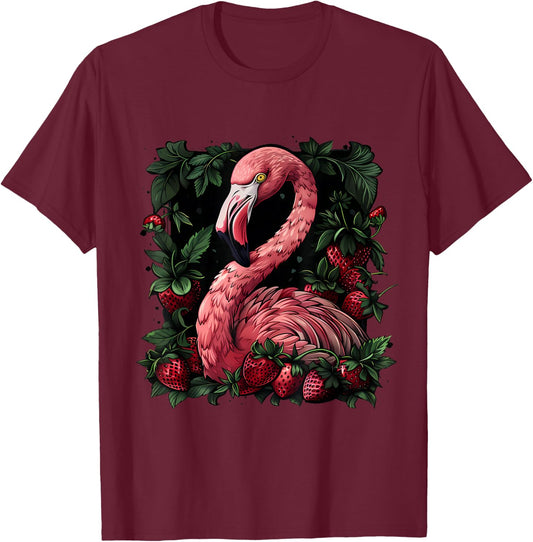 Strawberry Flamingo Bird Strawberries Pink Flamingo Bird T-Shirt - T-Shirt | Maroon