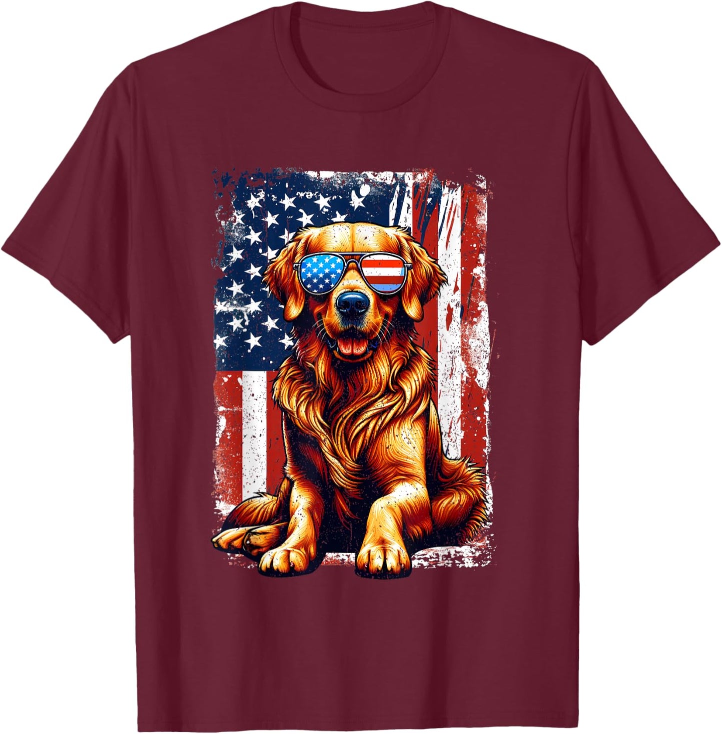 Vintage Golden Retriever Dog American US USA Flag Pets Lover T-Shirt - T-Shirt | Maroon