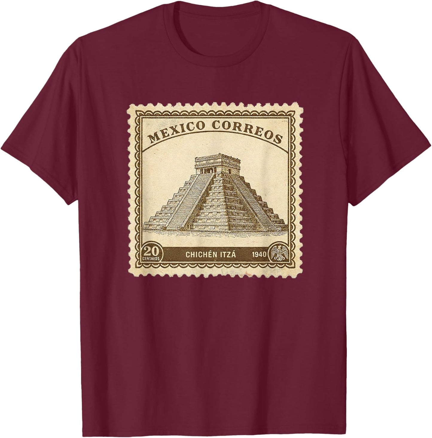 Chichen Itza Mexico 1940 Vintage Stamp Classic Mayan Pyramid T-Shirt - T-Shirt | Maroon