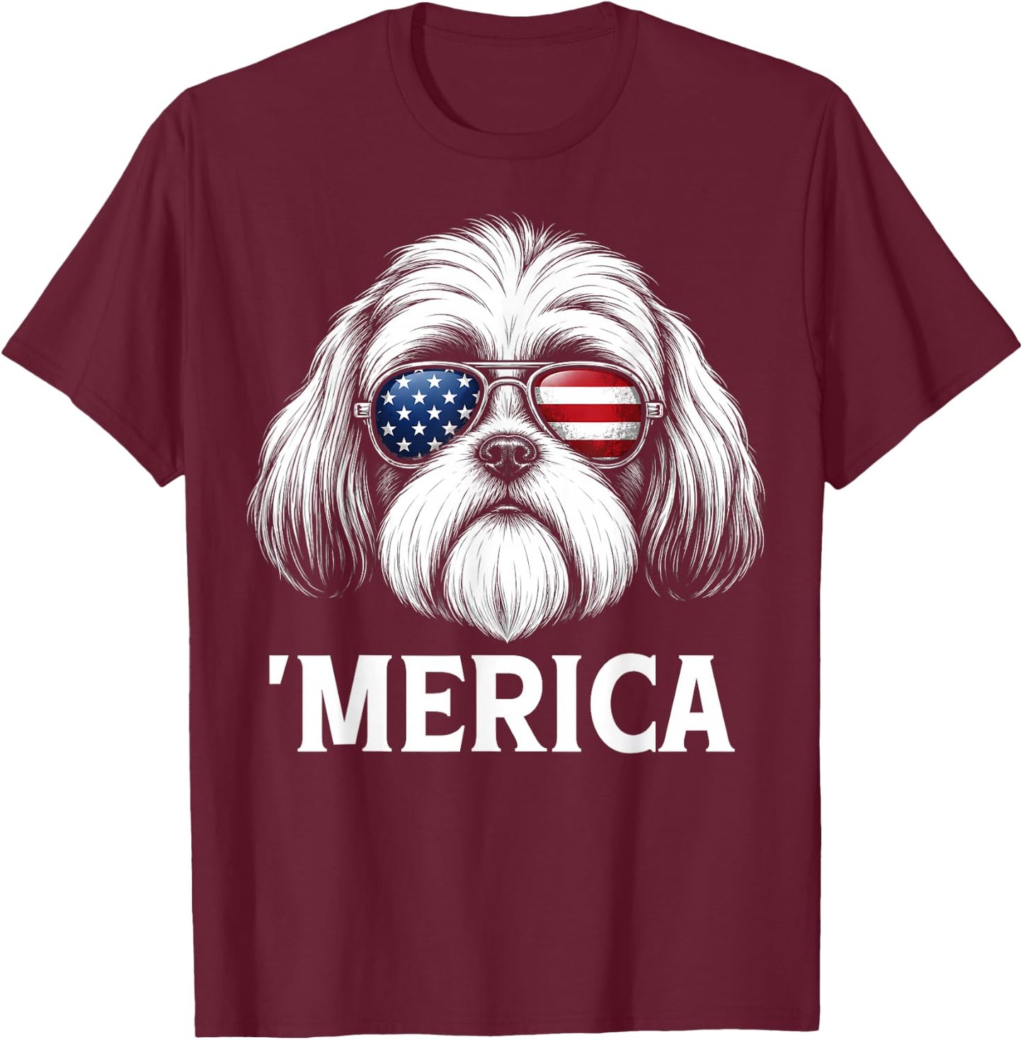 Patriotic Shih Tzu Dog 'Merica American Flag USA 4th of July T-Shirt - T-Shirt | Maroon