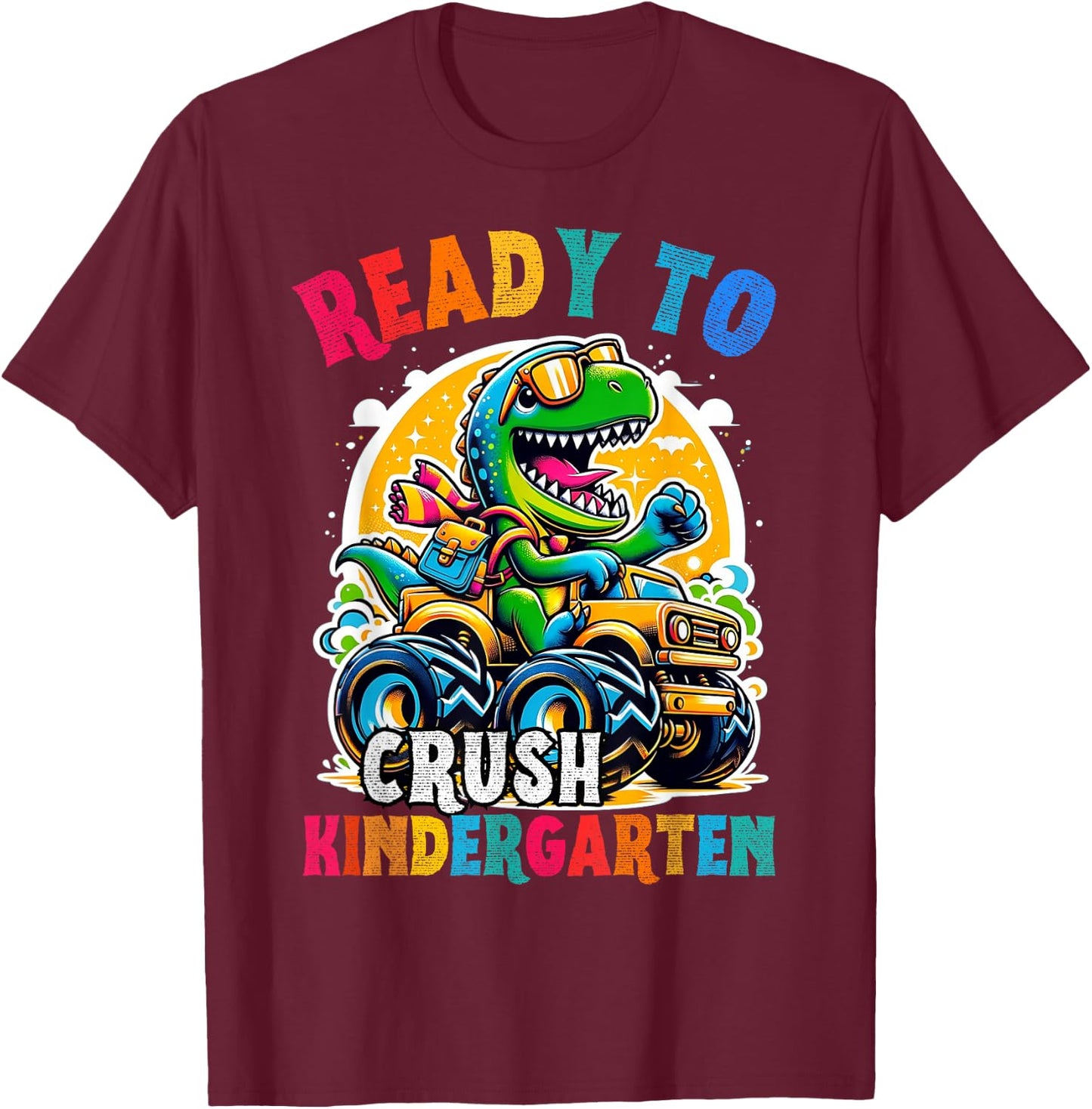 Monster Truck Dinosaur Kid Back to School crush Kindergarten T-Shirt - T-Shirt | Maroon