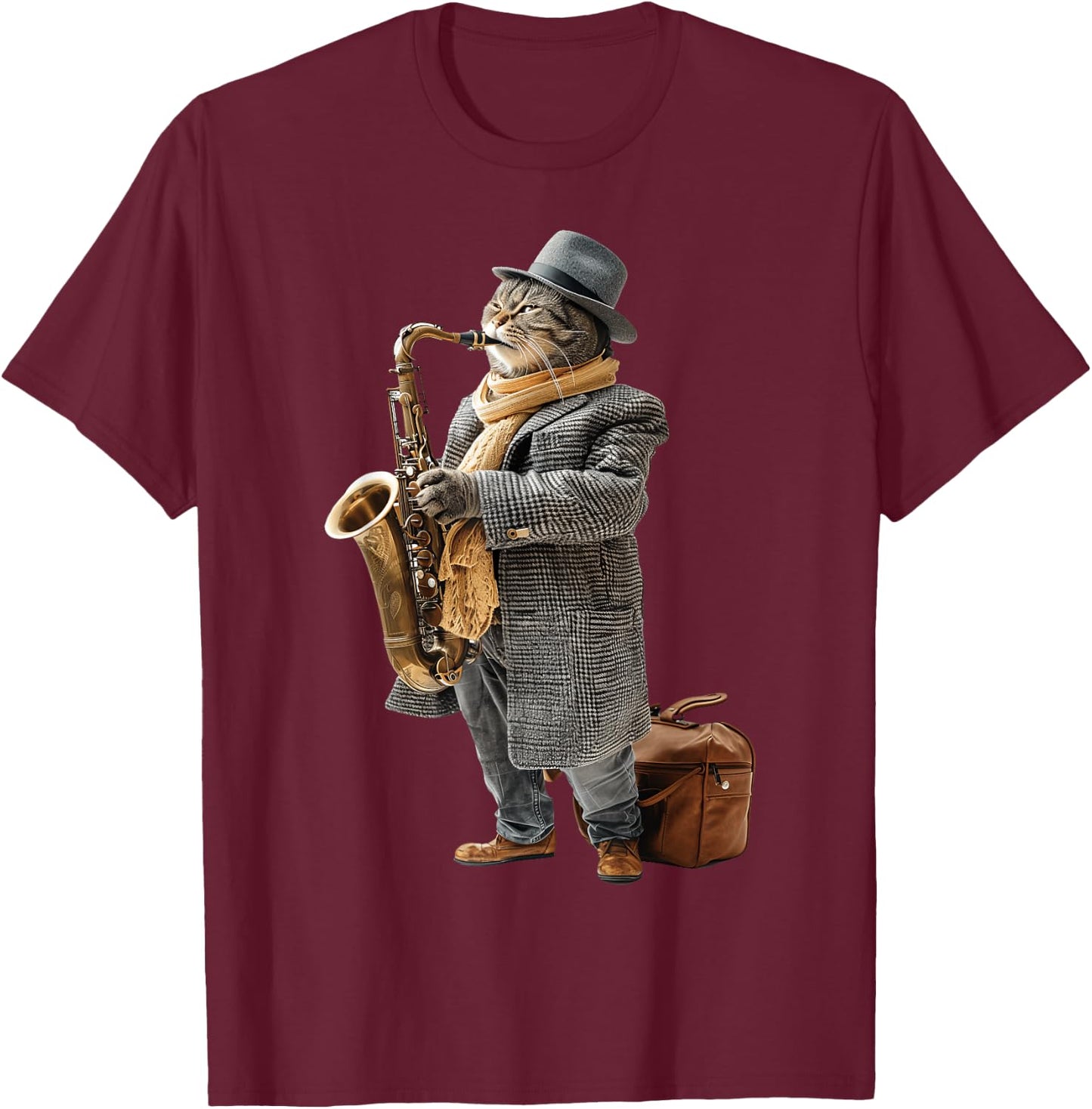 Cat Saxophone T-Shirt - T-Shirt | Maroon