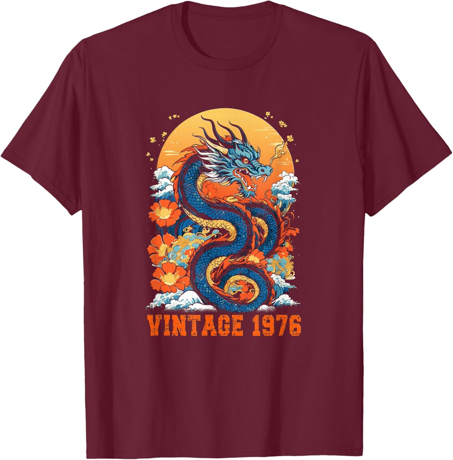 Vintage 1976 Classic Retro Dragon Graphic 48th Birthday Men T-Shirt - T-Shirt | Maroon
