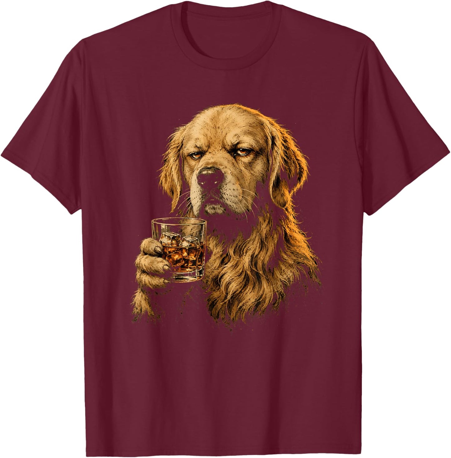 Vintage Dog Drinking Lovers Golden Retriever Whiskey Glass T-Shirt - T-Shirt | Maroon