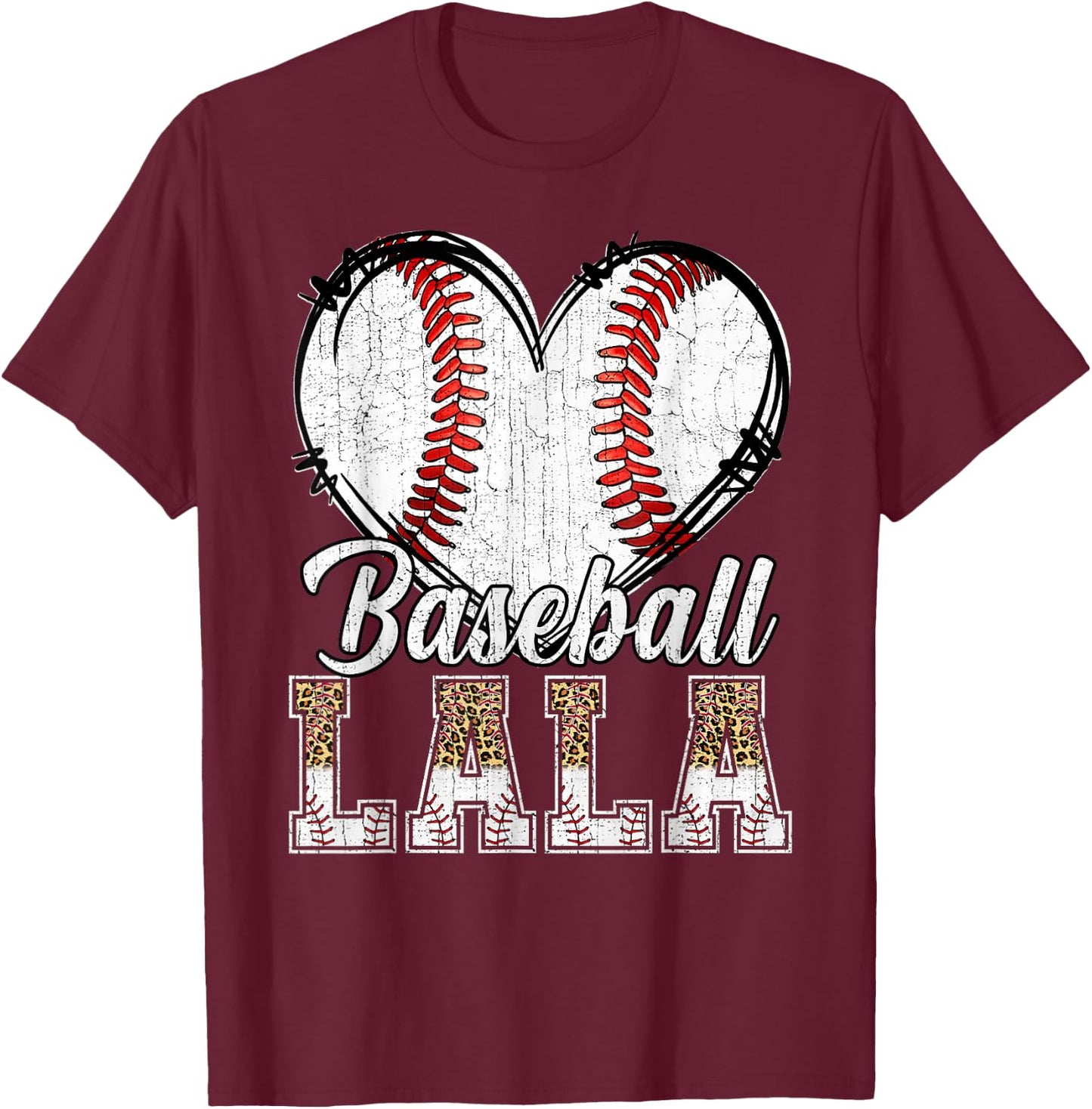 Softball Baseball Lala Heart Leopard Print Mother's Day T-Shirt - T-Shirt | Maroon