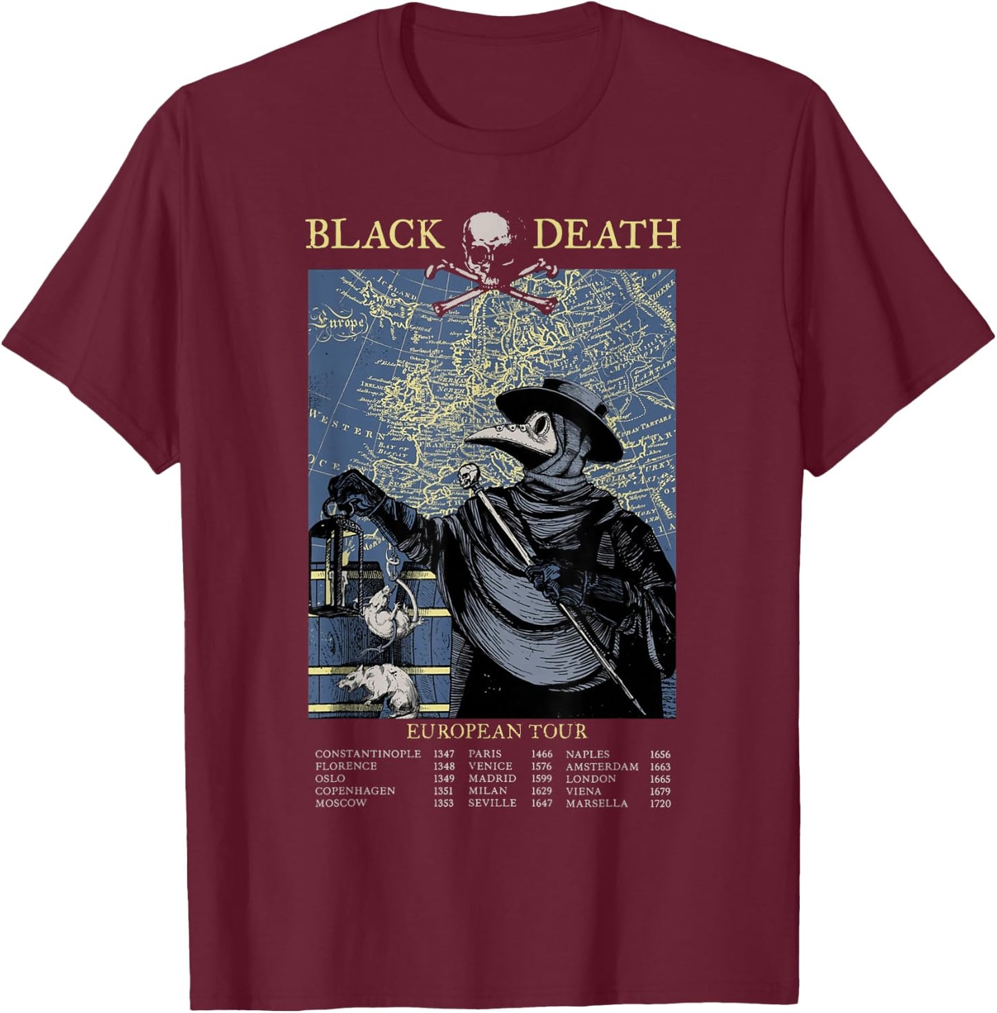 Pest Mask Doctor Plague Black Death European Tour , black T-Shirt - T-Shirt | Maroon