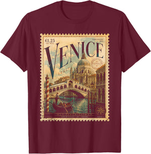 Vintage Venice Italy Travel Retro Postage Stamp Gondola T-Shirt - T-Shirt | Maroon