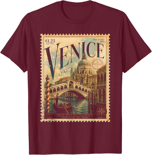 Vintage Venice Italy Travel Retro Postage Stamp Gondola T-Shirt - T-Shirt | Maroon