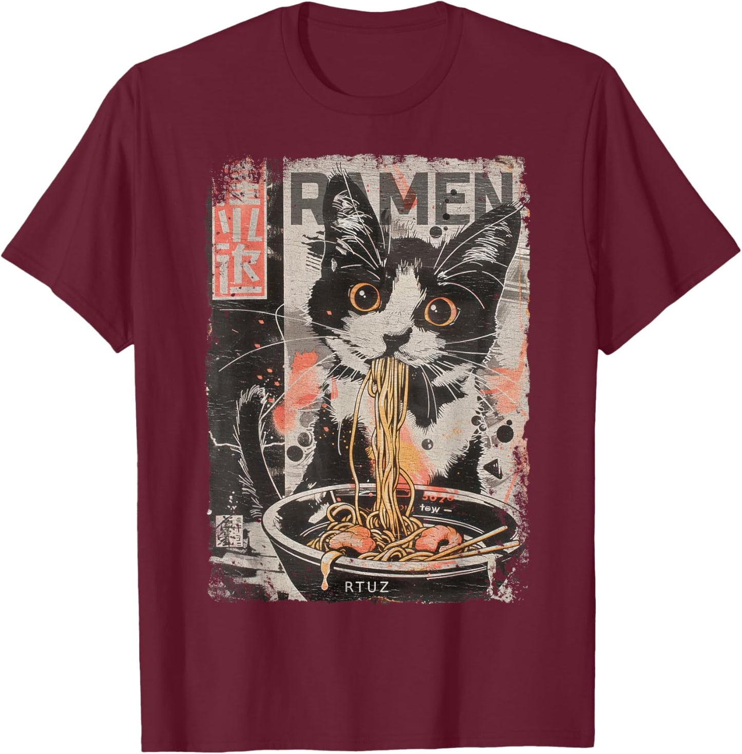 Cat Ramen Noodle Japanese Anime Manga Ramen Kawaii Cat , black T-Shirt - T-Shirt | Maroon