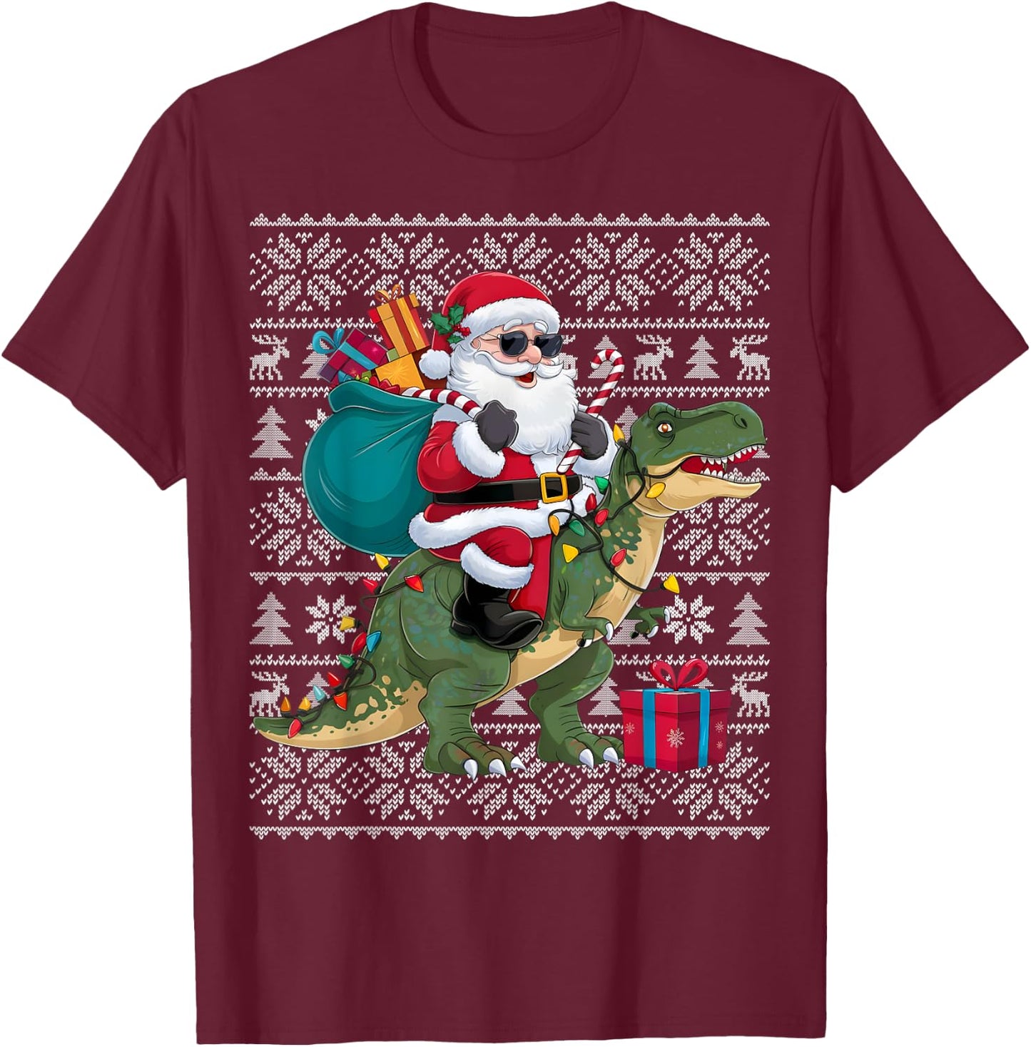 Ugly Xmas Sweater Style Santa Riding Dinosaur Christmas T-Shirt - T-Shirt | Maroon