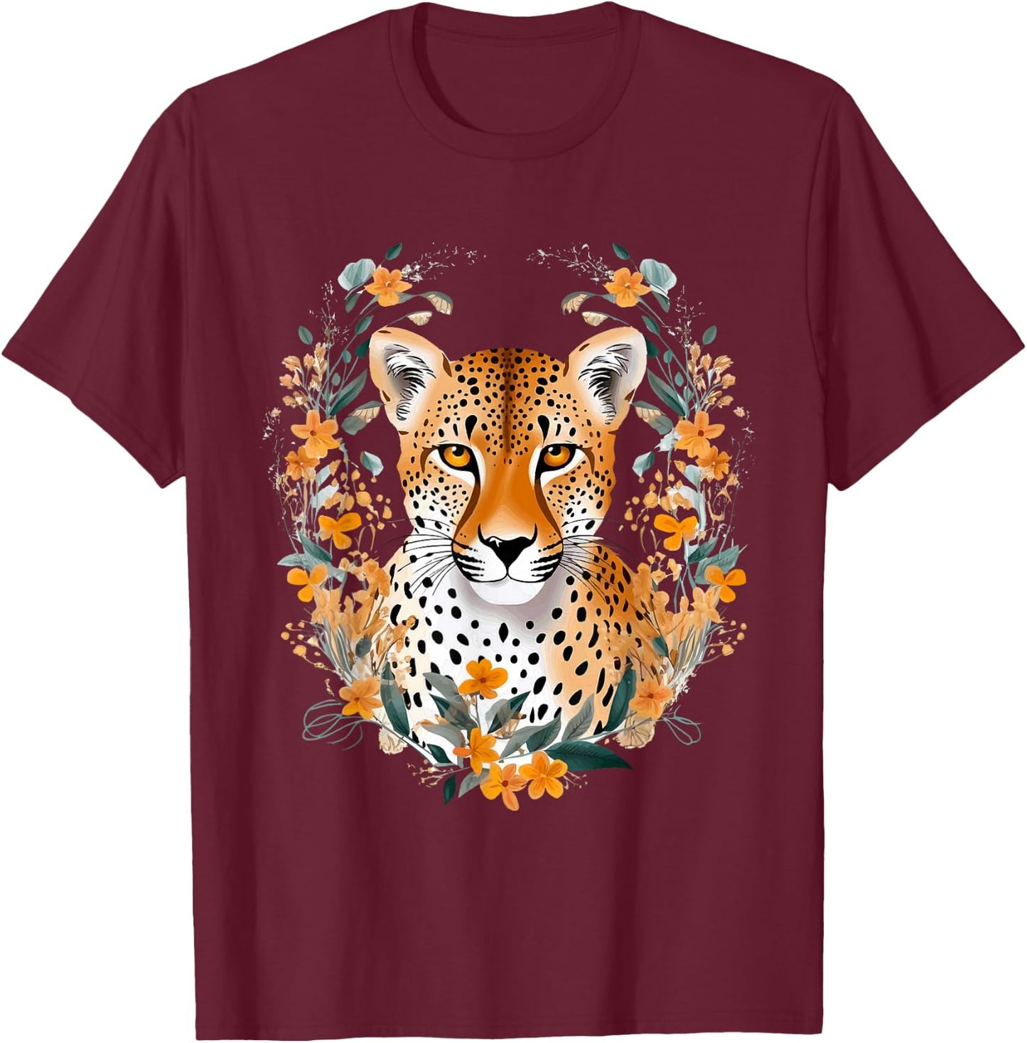 Cheetah Face Animal Print Big Cat Wildlife Flowers Design T-Shirt - T-Shirt | Maroon