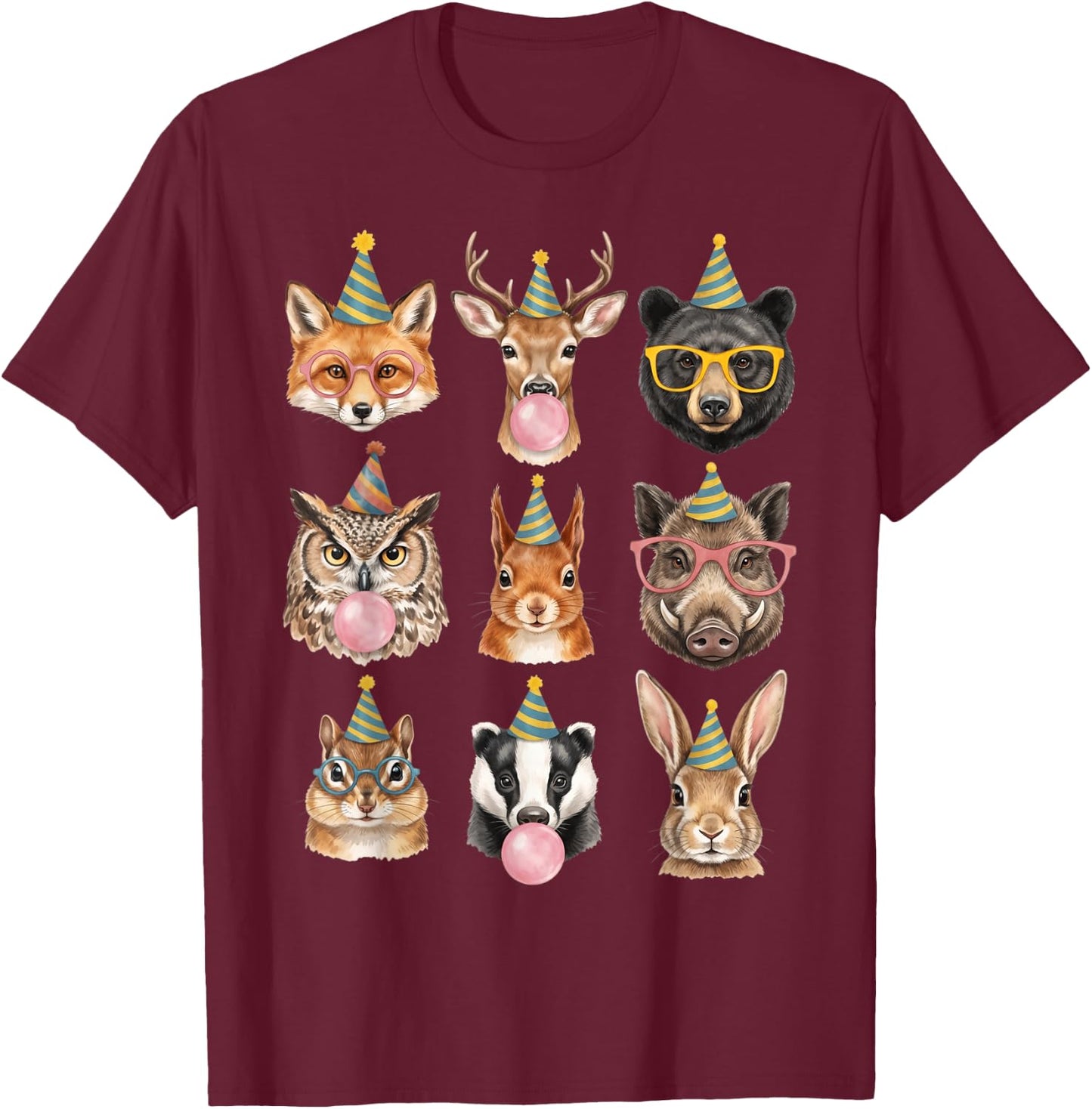 Cute Woodland Animals Birthday Party Forest Animal Bday Kids T-Shirt - T-Shirt | Maroon