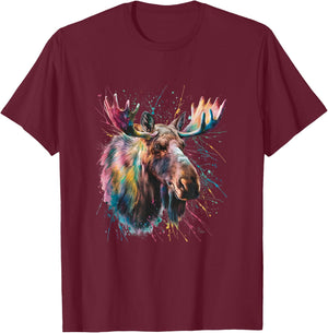 Moose Men Woman Colorful Watercolor Moose T-Shirt - T-Shirt | Maroon