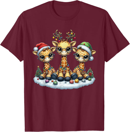 Cute Santa Reindeer Elf Giraffe Christmas Kids T-Shirt - T-Shirt | Maroon