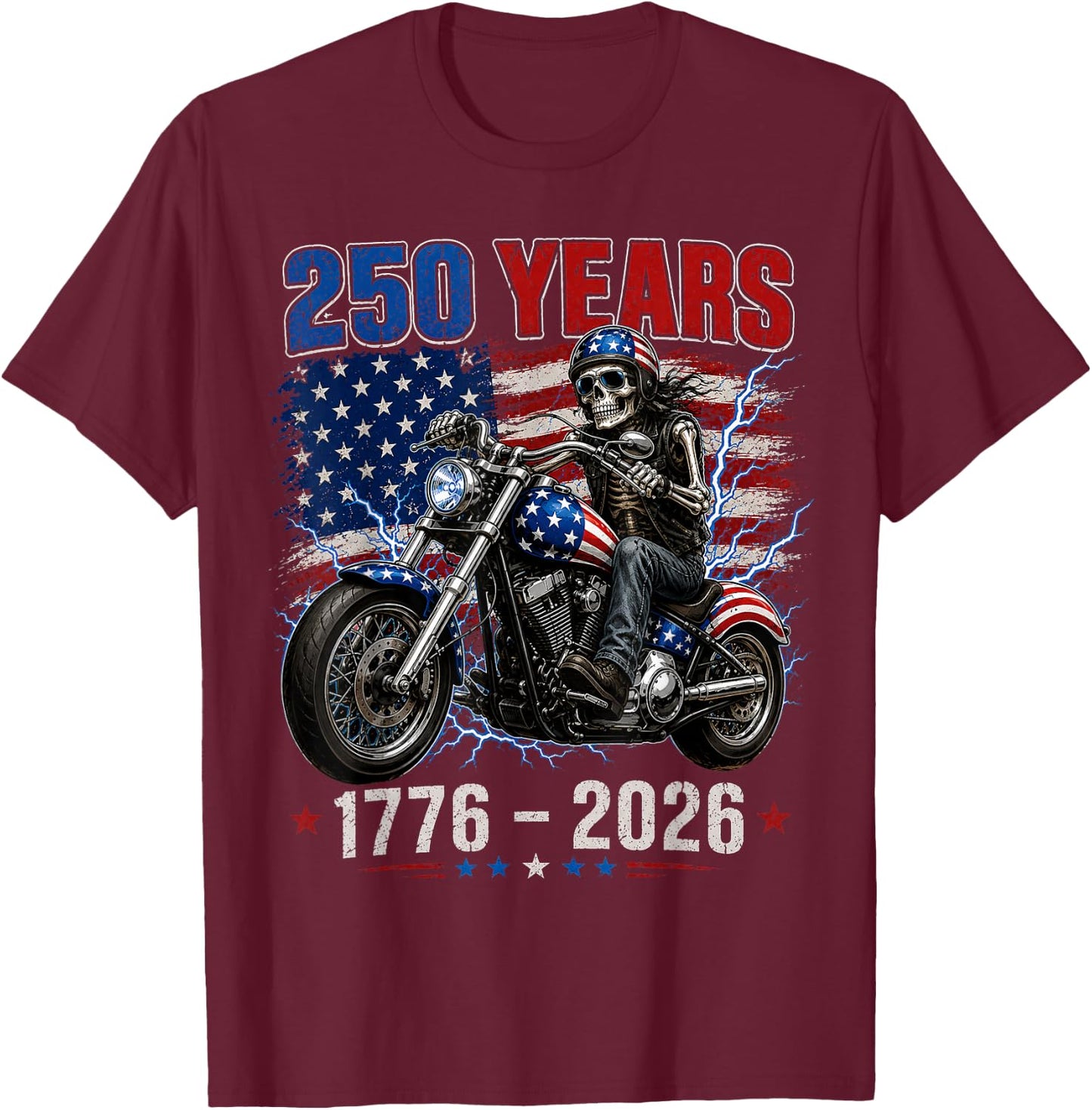 250 Anniversary USA 250th American Skull Motorcycle USA Flag T-Shirt - T-Shirt | Maroon