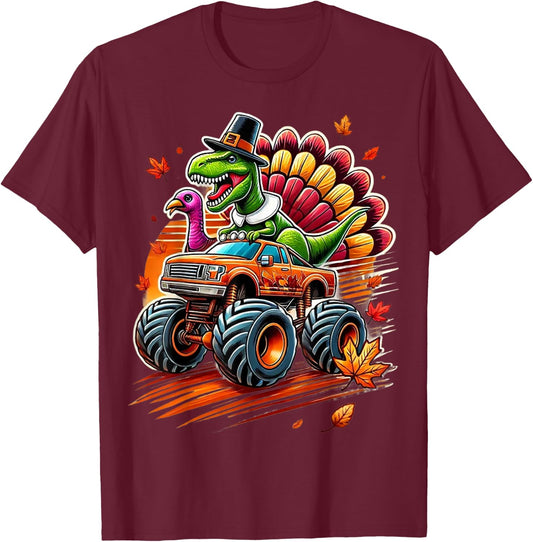 Funny Boys Thanksgiving Shirt Outfit Fall Shirts Kids T Rex T-Shirt - T-Shirt | Maroon
