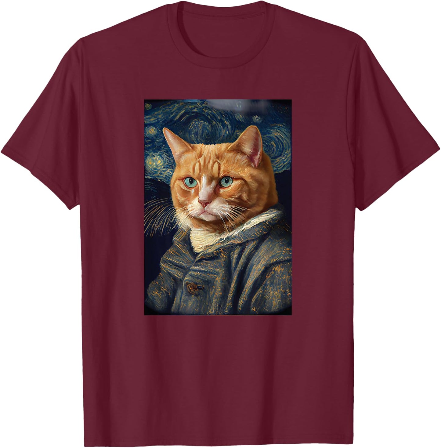 Funny Cat Art Painting Lover cats kitty kitten Starry Night T-Shirt - T-Shirt | Maroon