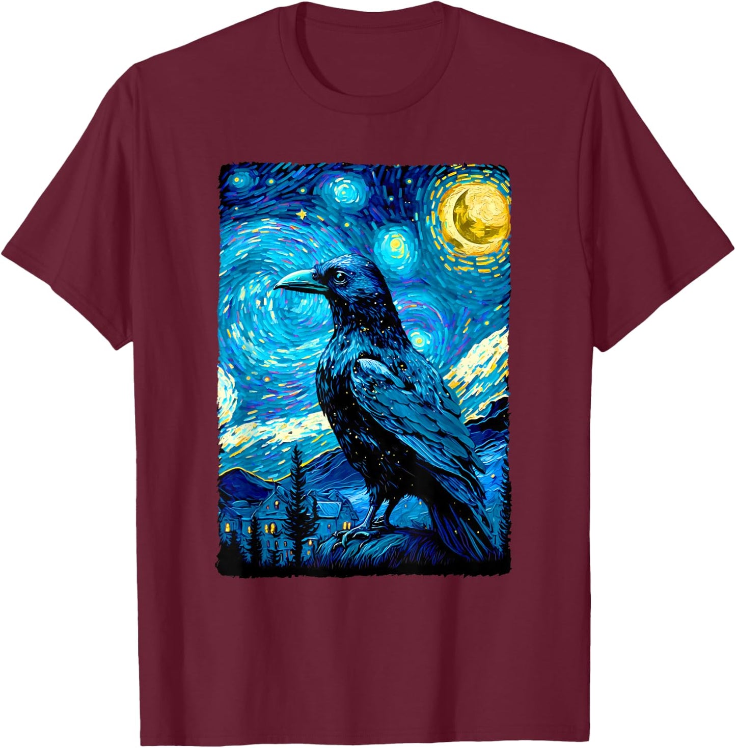 Crow Lover Raven Starry Night Style Painting, Van Gogh T-Shirt - T-Shirt | Maroon