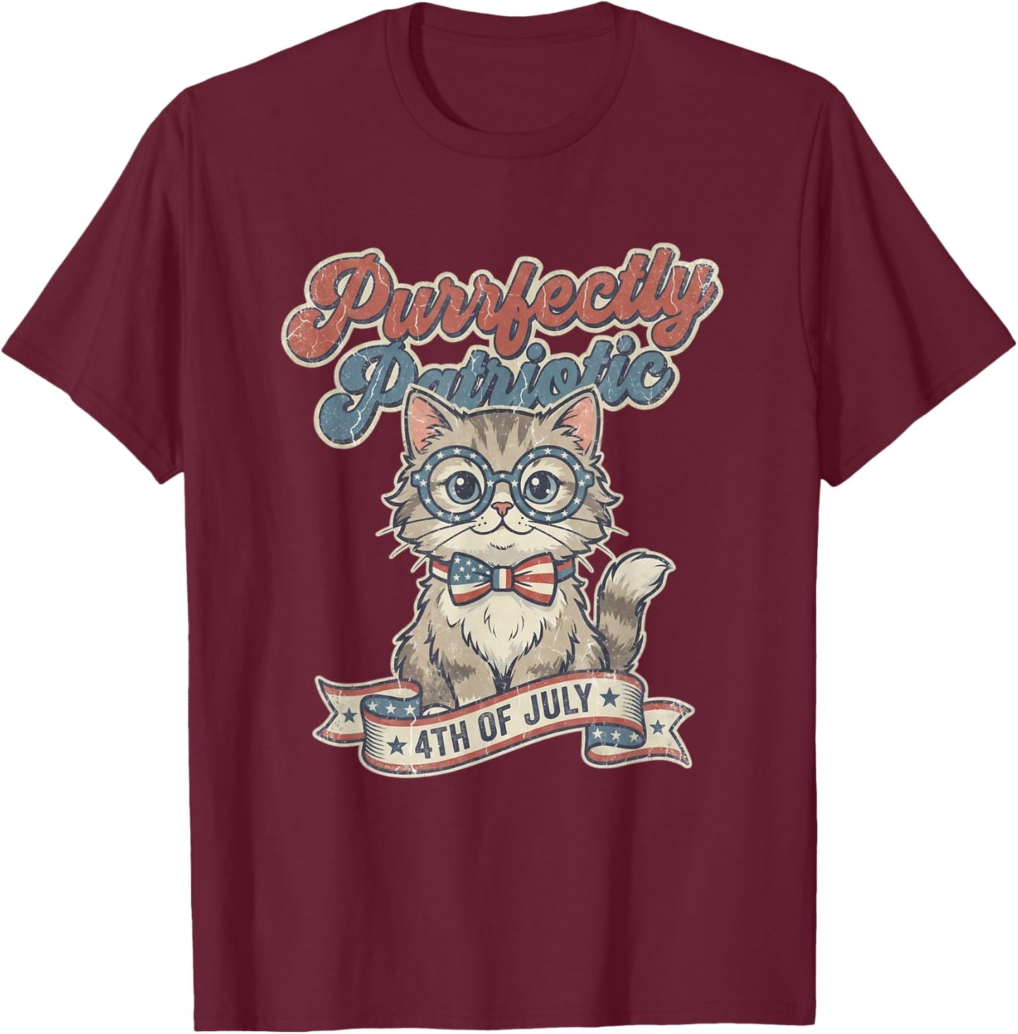 Purrfectly Patriotic Cat Vintage 4th of July T-Shirt - T-Shirt | Maroon