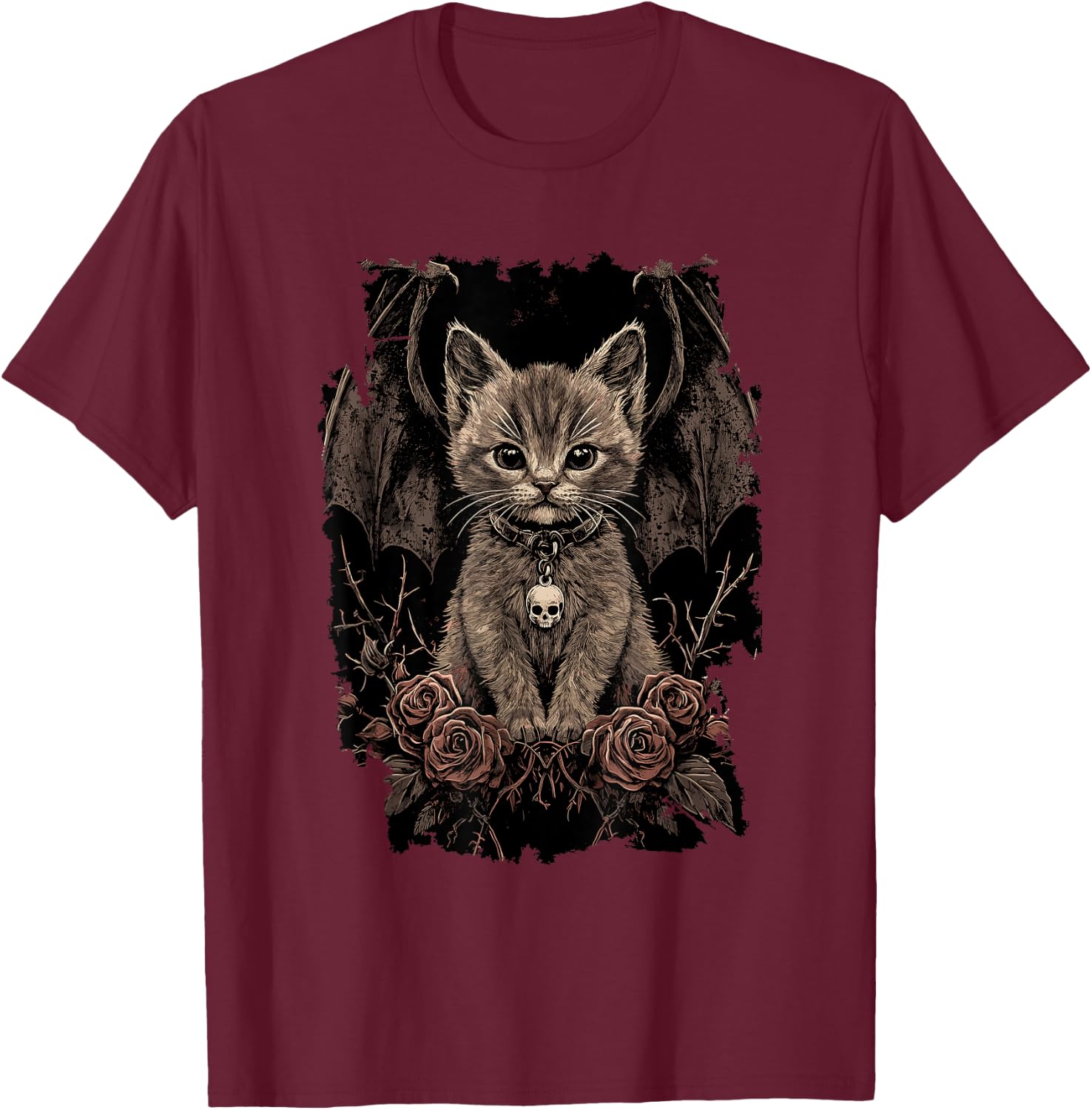 Mystic Cat with Wings - Gothic , Black, S T-Shirt - T-Shirt | Maroon