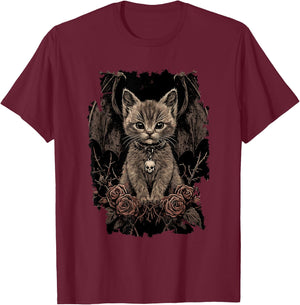 Mystic Cat with Wings - Gothic , Black, S T-Shirt - T-Shirt | Maroon