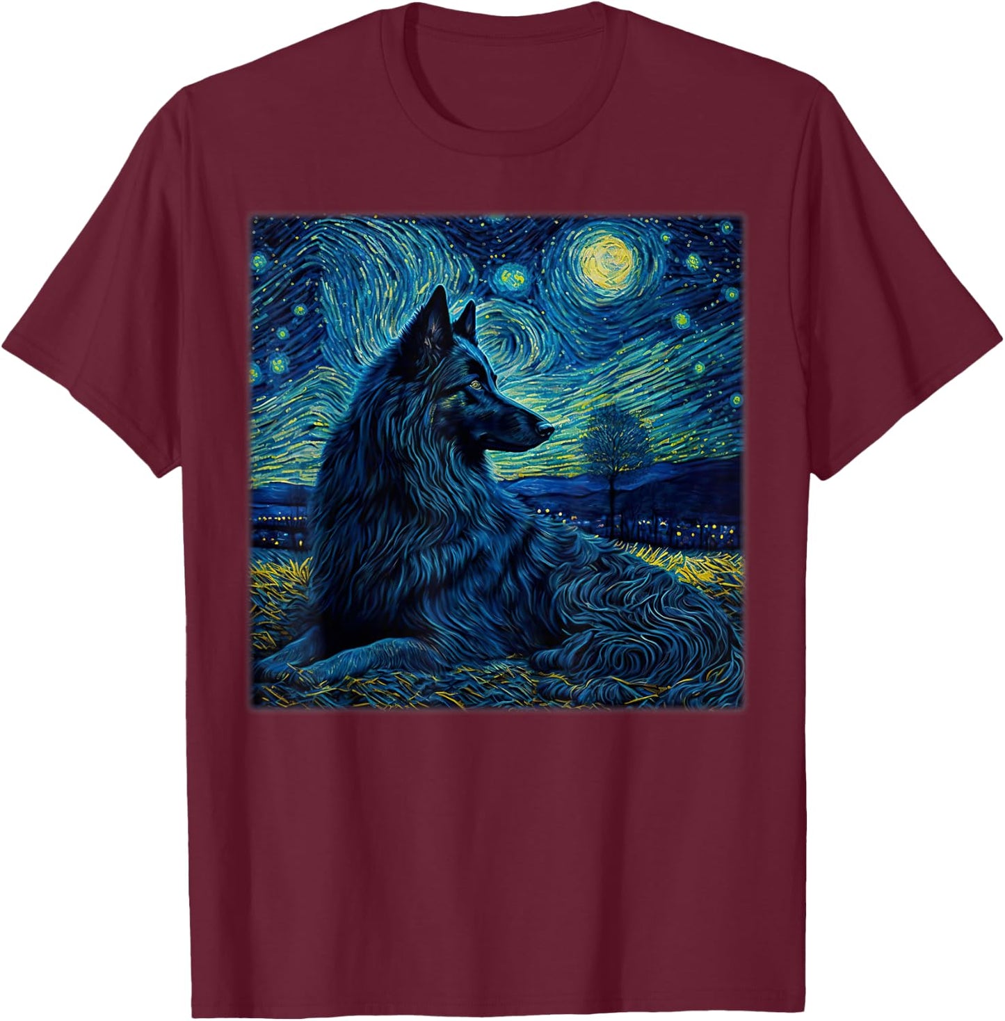 Surrealism Starry Night Belgian Shepherd Dog T-Shirt - T-Shirt | Maroon