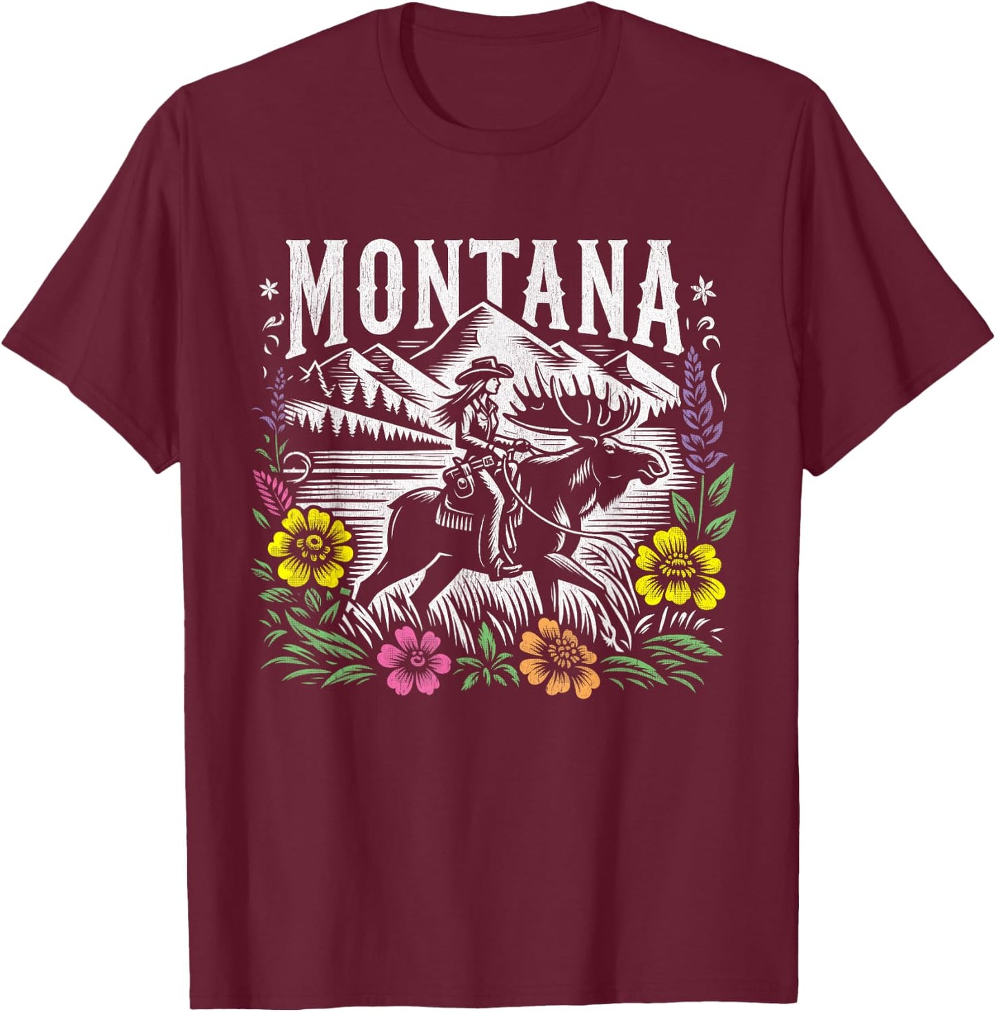 Montana Cowgirl Riding a Moose - Retro Look T-Shirt - T-Shirt | Maroon