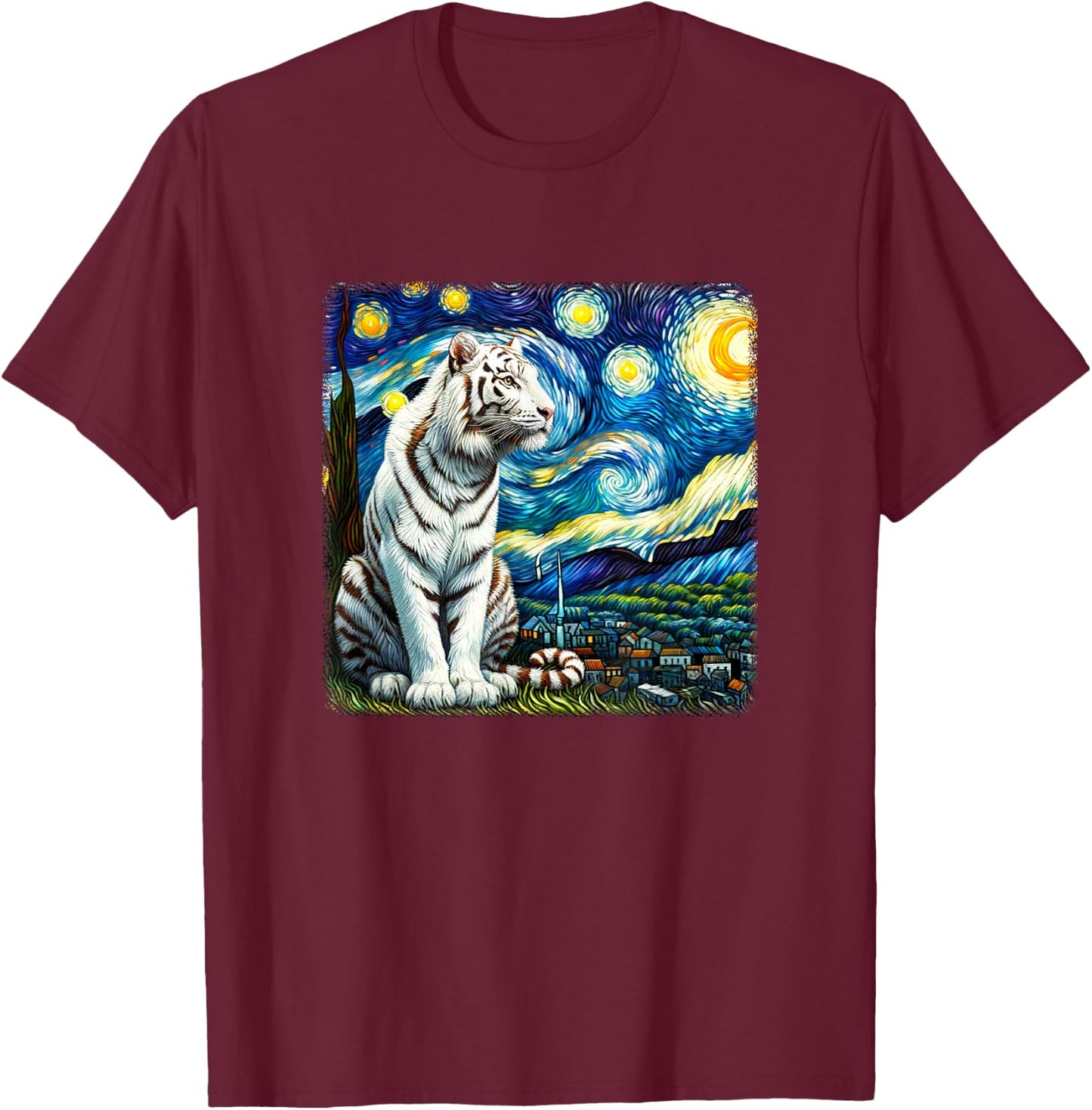 White Tiger Starry Night T-Shirt - T-Shirt | Maroon