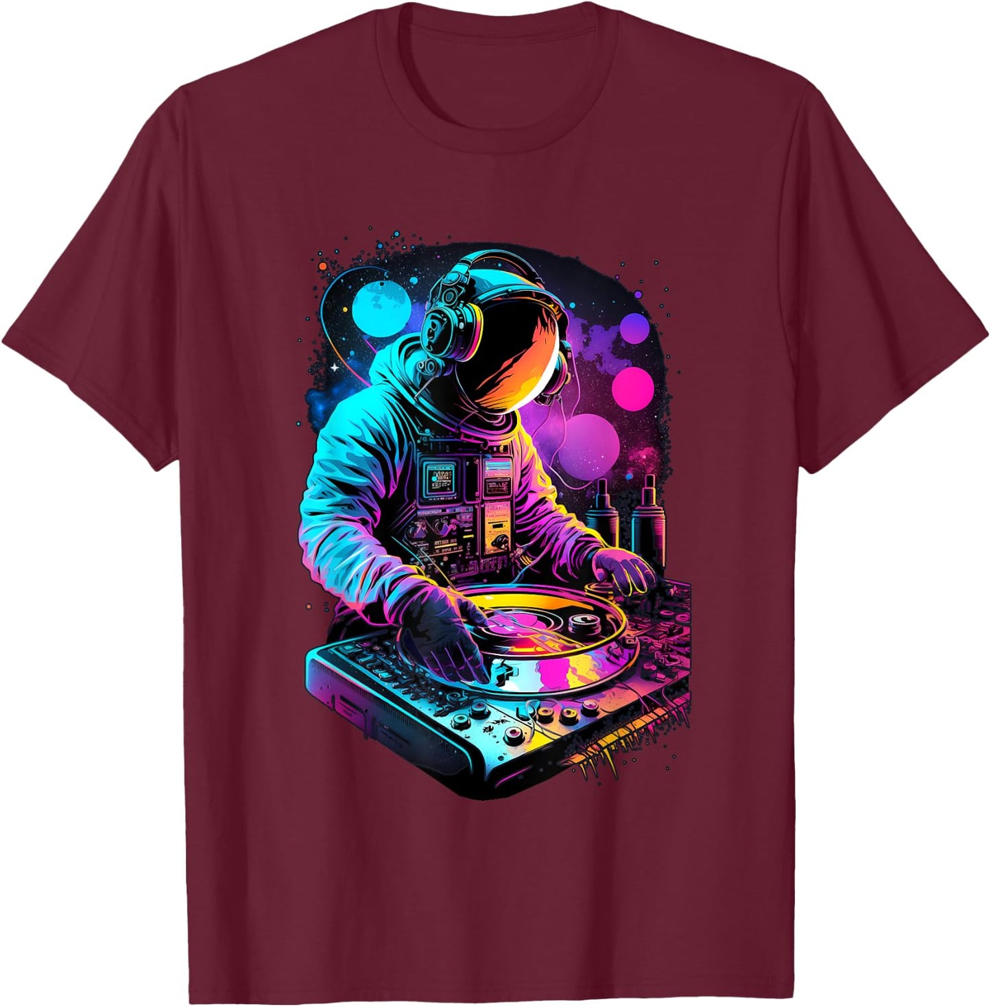 Astronaut DJ, Festival DJing EDM Psytrance Techno Retro , Black T-Shirt - T-Shirt | Maroon