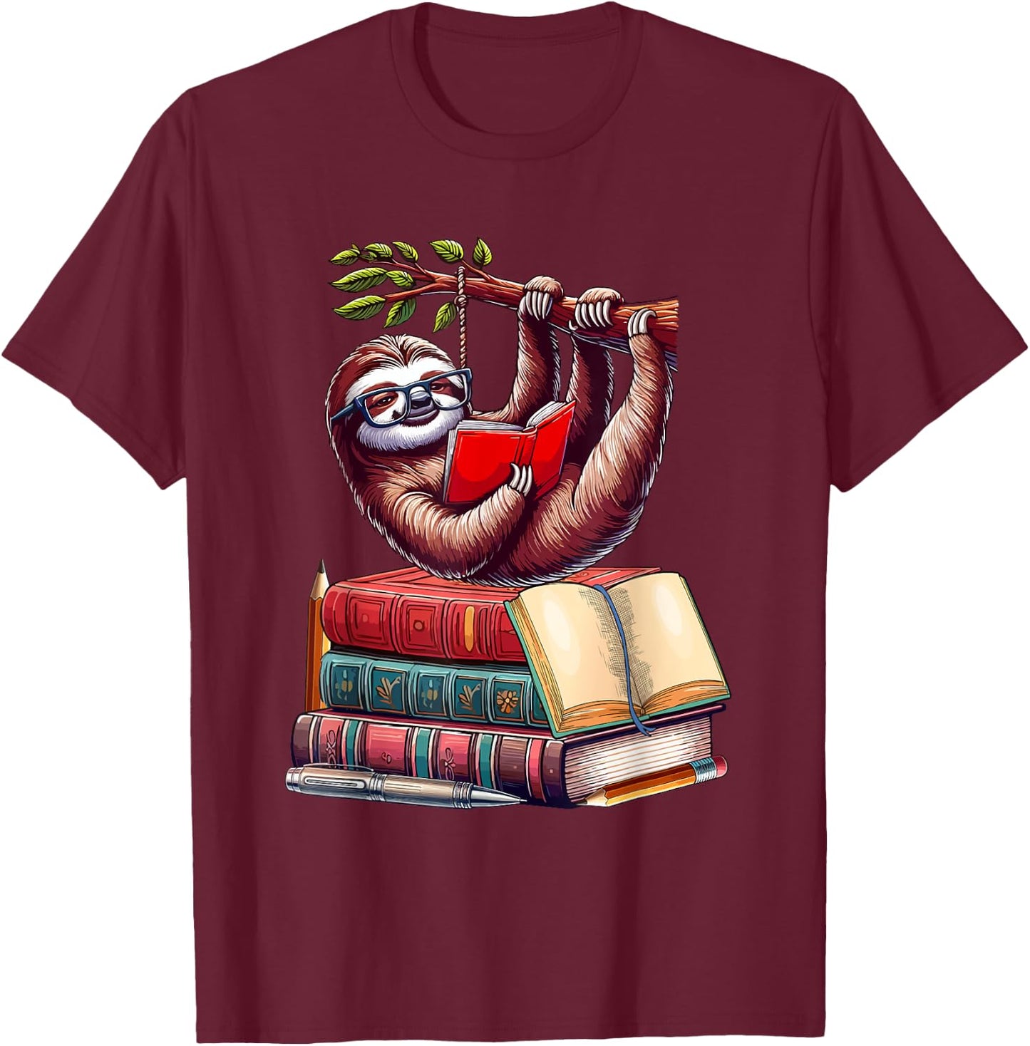 Sloth Reading Books Matching Bookworm Readers Librarian T-Shirt - T-Shirt | Maroon