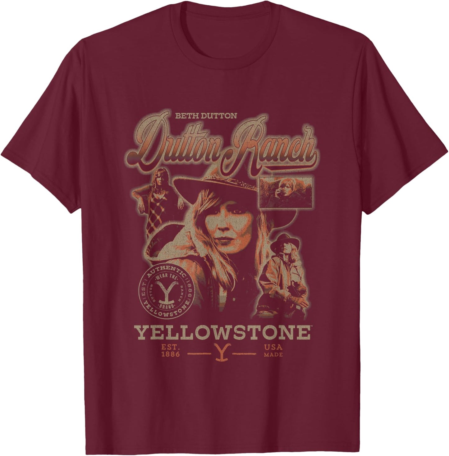 Yellowstone Iconic Beth Dutton Distressed Big Chest Poster T-Shirt - T-Shirt | Maroon