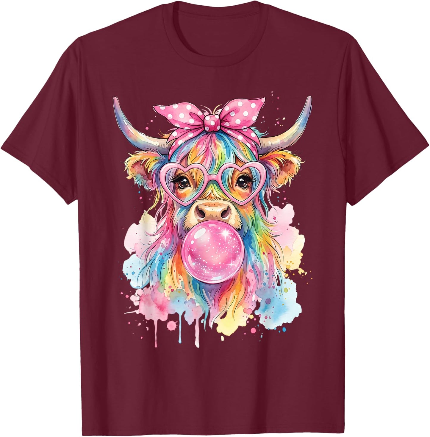 Highland Cow Blowing Bubblegum T-Shirt - T-Shirt | Maroon