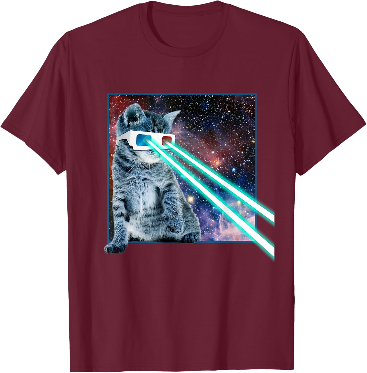 Laser Eyes Space Cat | Funny Kitty 3D Glasses Gift T-Shirt - T-Shirt | Maroon