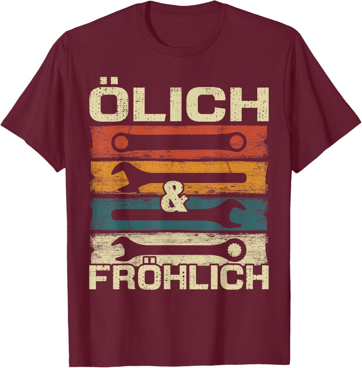 Lustige Werkstatt Geschenke Kfz Mechaniker Ölich aber fröhlich , Herren, Damen, Schwarz, Multicolored, S, EU 38/39, Kurzarm, Retro-Design, Mischgewebe T-Shirt - T-Shirt | Maroon