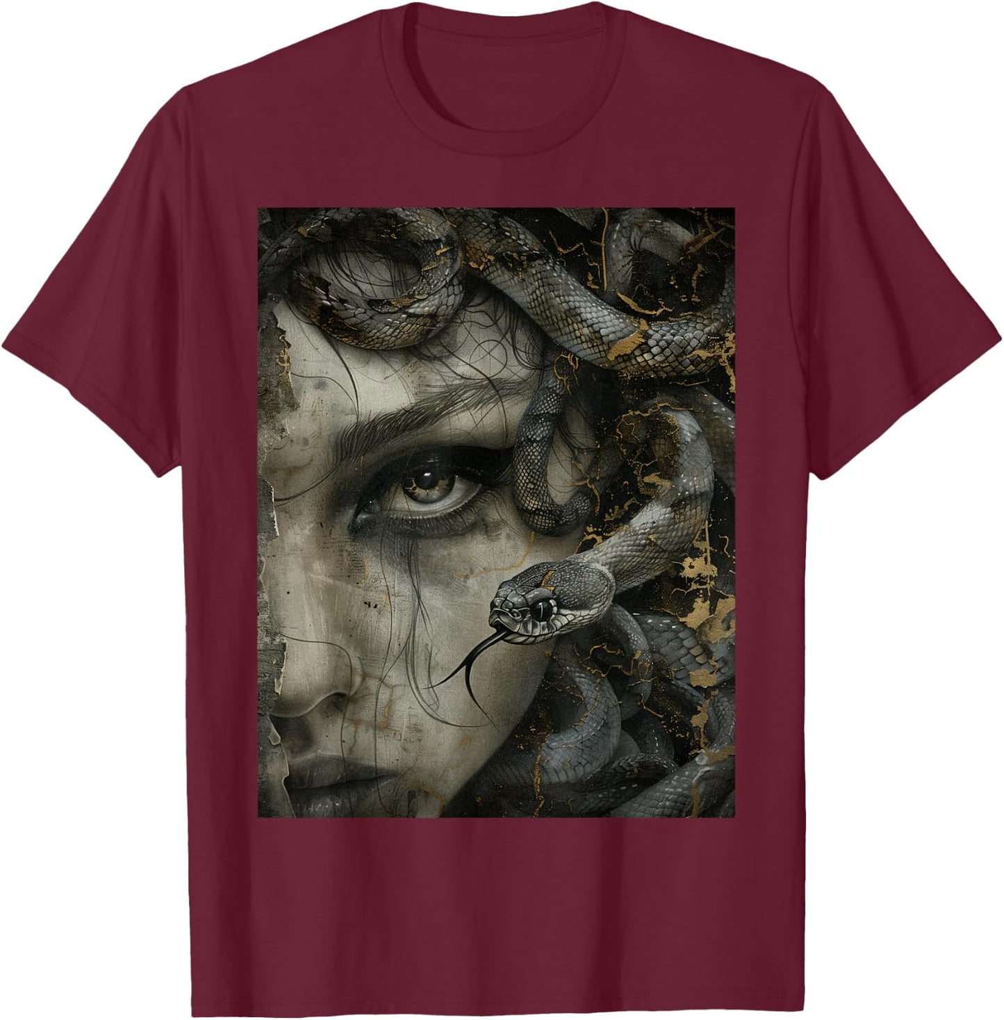 Medusa Greek Mythology Occult Scary Dark Grunge Art T-Shirt - T-Shirt | Maroon