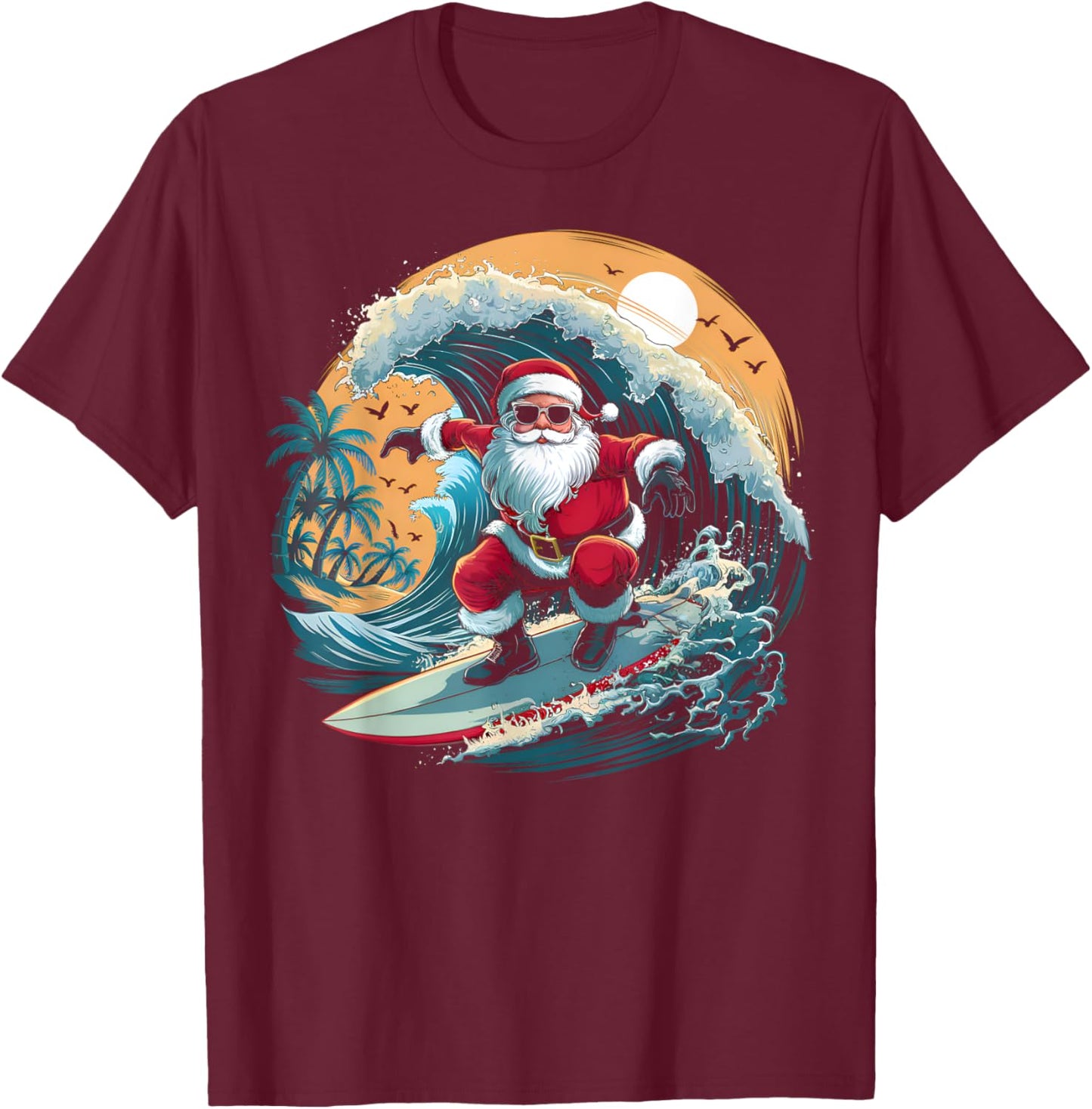 Vintage Surfer Christmas Surfing Santa Claus Beach Surfboard T-Shirt - T-Shirt | Maroon