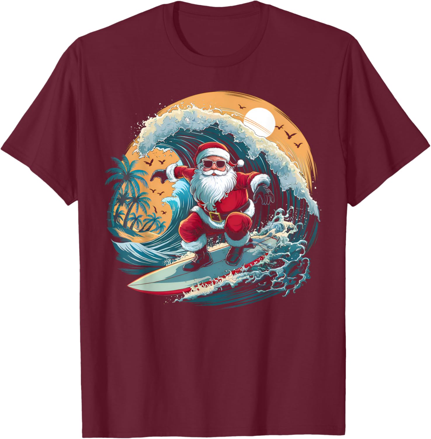 Vintage Surfer Christmas Surfing Santa Claus Beach Surfboard T-Shirt - T-Shirt | Maroon