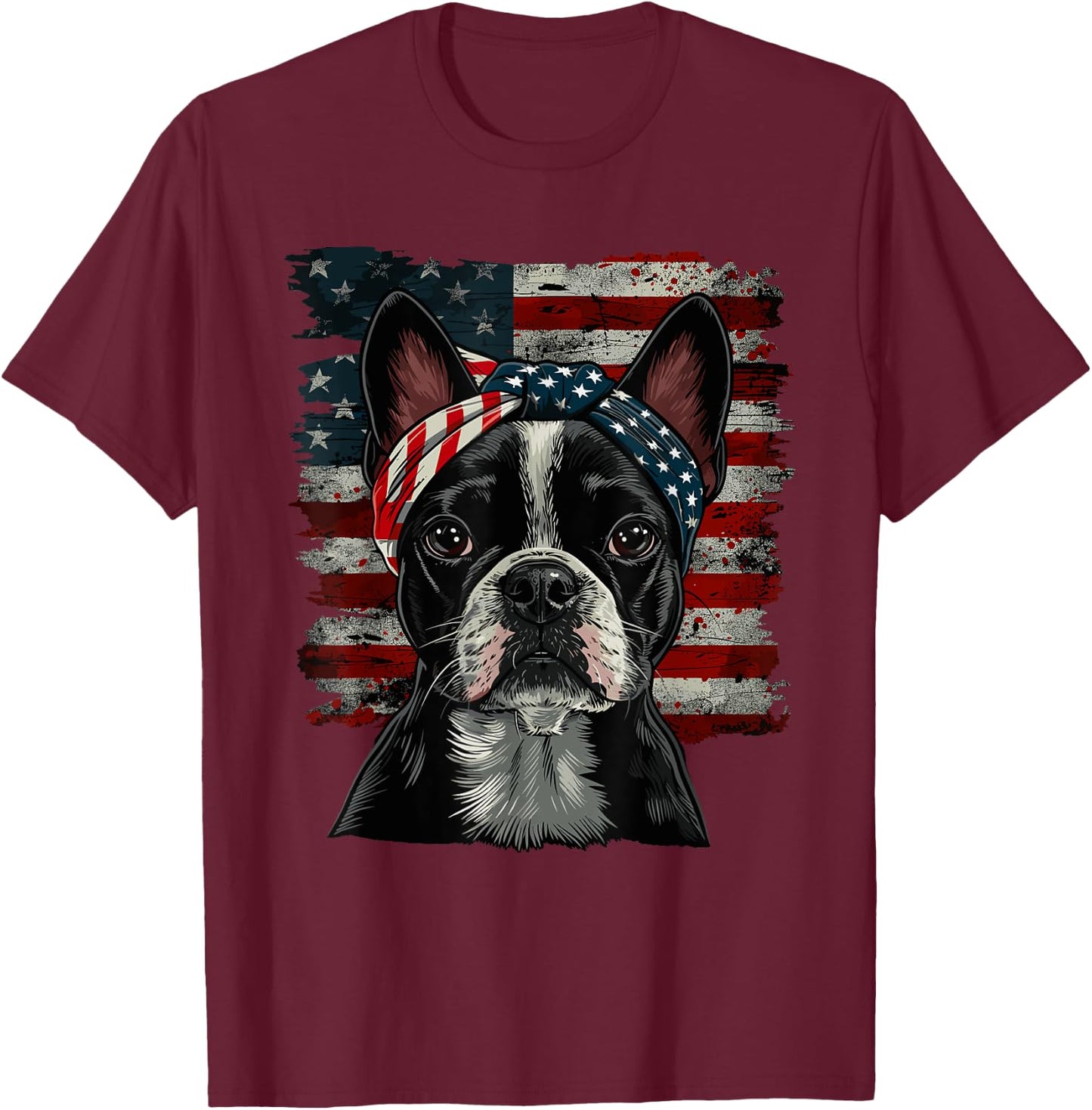 Boston Terrier Patriotic 4th Of July USA American Flag T-Shirt - T-Shirt | Maroon
