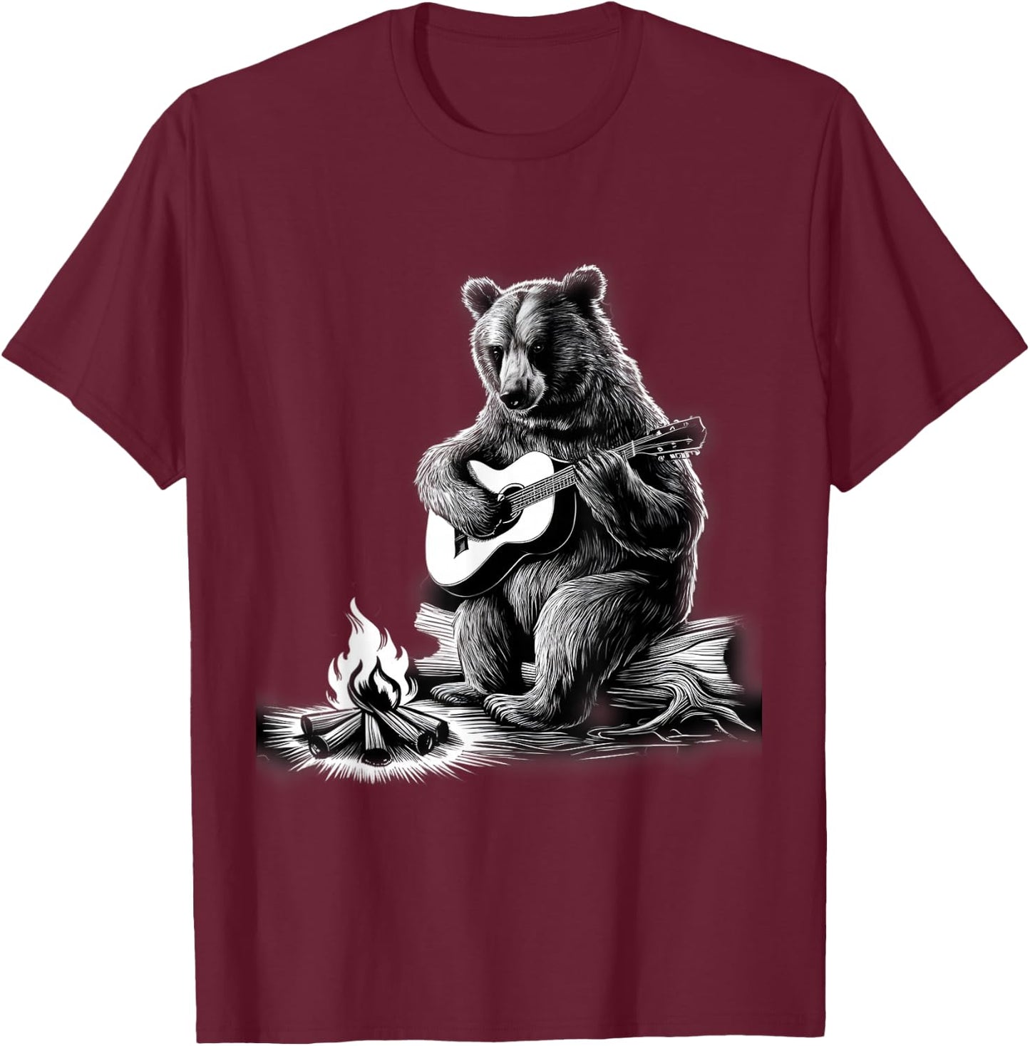 Bear Playing Guitar Rock on Campfire Bear T-Shirt - T-Shirt | Maroon