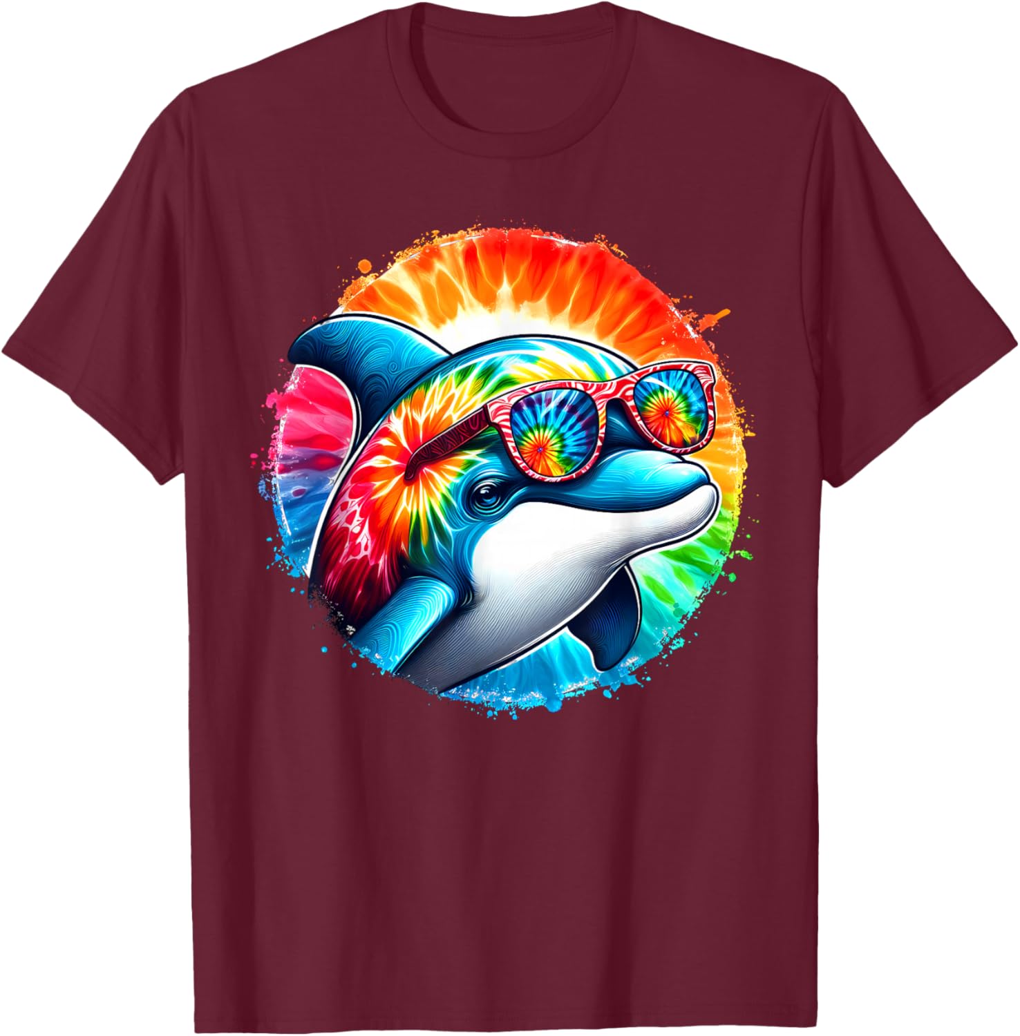 Cool Graphic Tie Dye Sunglasses Dolphin Illustration Art T-Shirt - T-Shirt | Maroon
