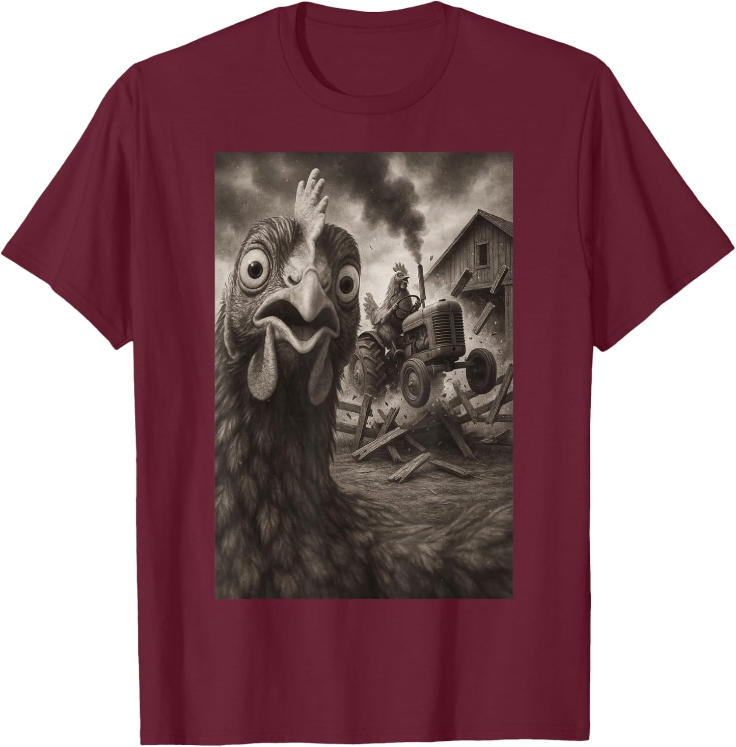 Chicken Tractor Rampage Funny Bird Art T-Shirt - T-Shirt | Maroon