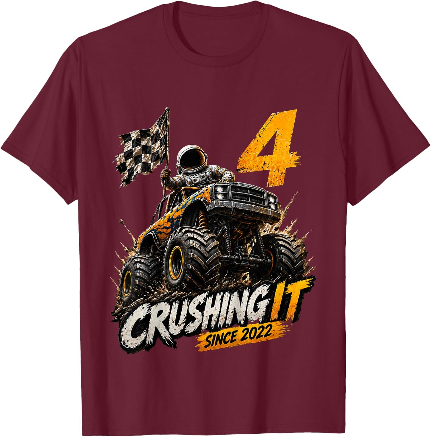 Kids 4th Birthday Monster Truck Astronaut 4 Year Old Boys Kids T-Shirt - T-Shirt | Maroon
