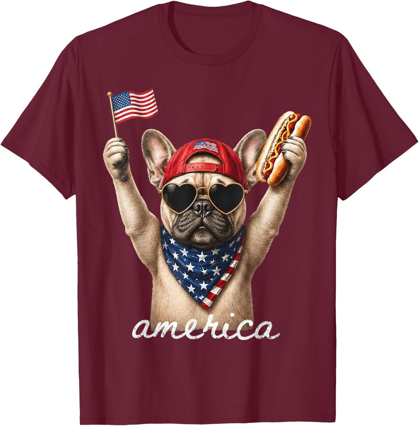 USA America French Bulldog Hot Dog 1776-2026 4th of July T-Shirt - T-Shirt | Maroon
