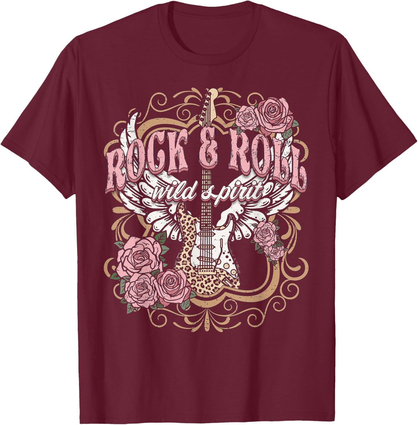 Rock and Roll Wild Spirit Boho Angel Wings Floral Guitar , black T-Shirt - T-Shirt | Maroon