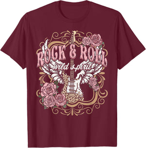 Rock and Roll Wild Spirit Boho Angel Wings Floral Guitar , black T-Shirt - T-Shirt | Maroon